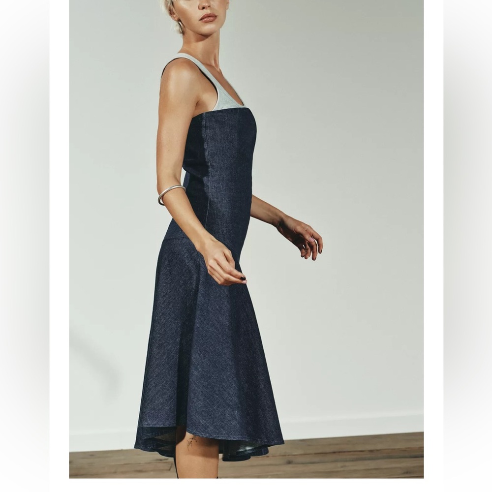 Zara NWT dark denim blue asymmetric hem strapless tube midi dress - Picture 9 of 13